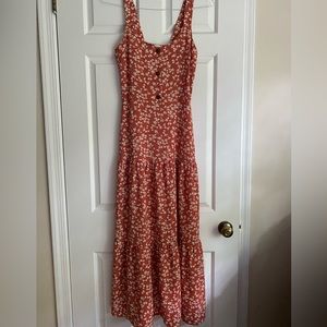 Rust colored dress with cream floral print.